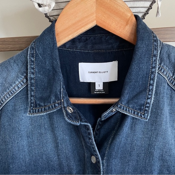 Current/Elliott Blue Denim Belted Pearl Snap Mini Dress, Small - Picture 3 of 13